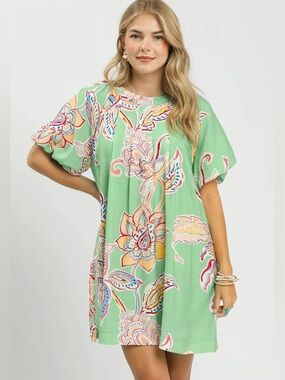 💚 Hello Gorgeous! Umgee Boho Floral Print Mini Dress with Pockets- Sage